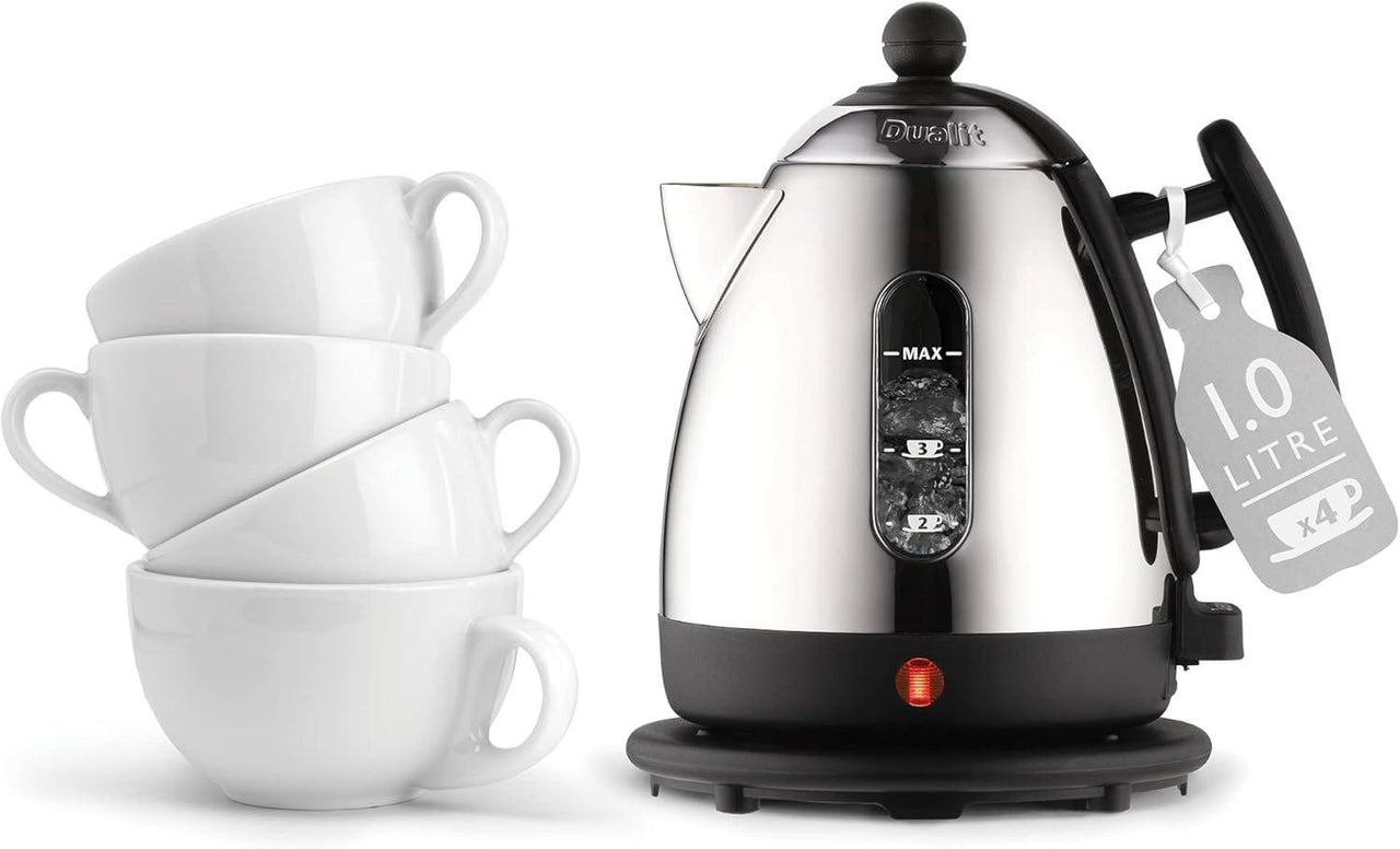 Stainless steel mini jug kettle with black handle, visible control panel and cup-ready spout