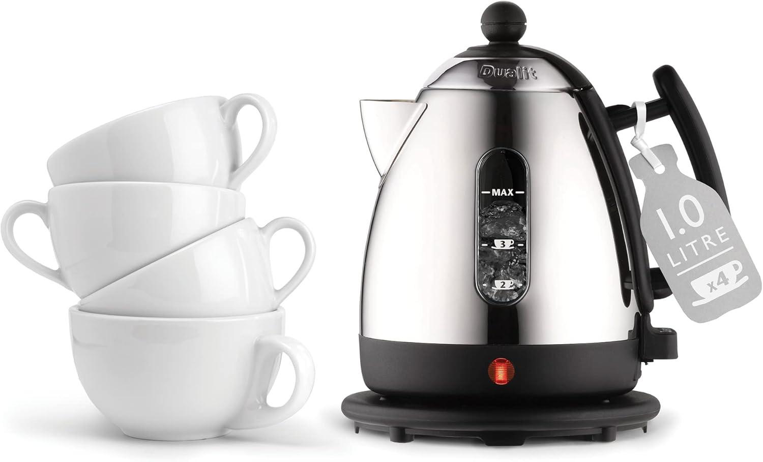 Stainless steel mini jug kettle with black handle, visible control panel and cup-ready spout