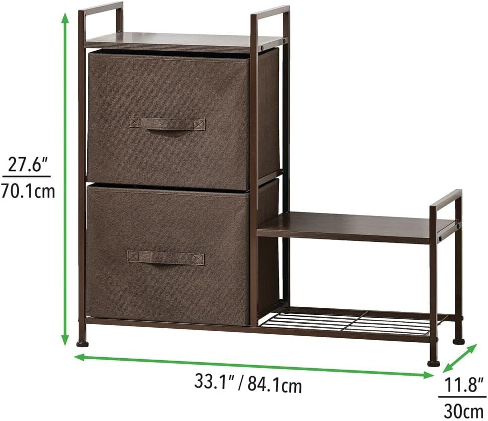 mDesign Storage Drawers — 2 Fabric Drawers, Flat Top and Shoe Rack for Extra Storage — Bedroom Storage Unit for Shoes, Clothes and Accessories — Dark Brown