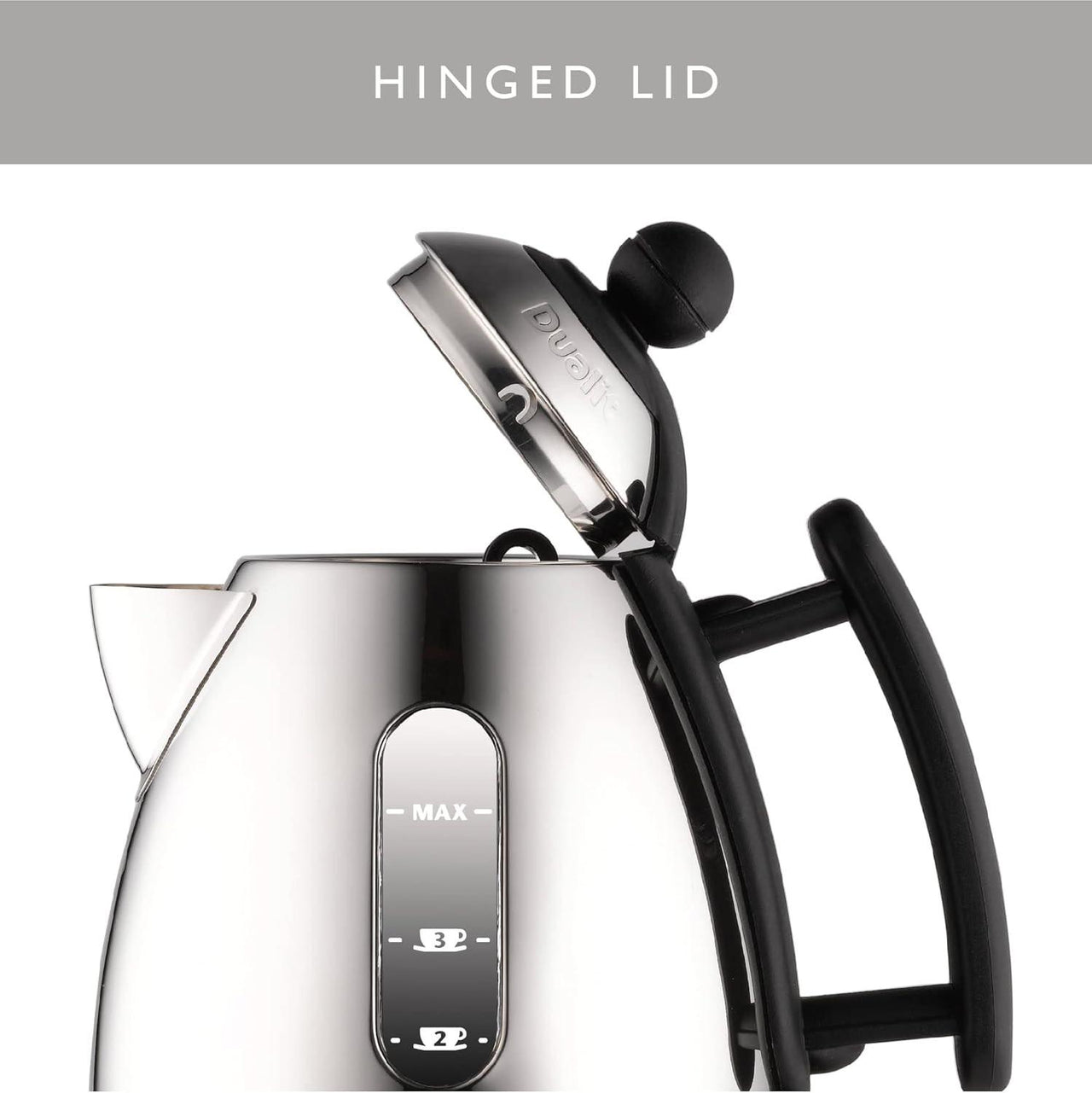 Stainless steel kettle with hinged lid open, black handle and water level indicator panel