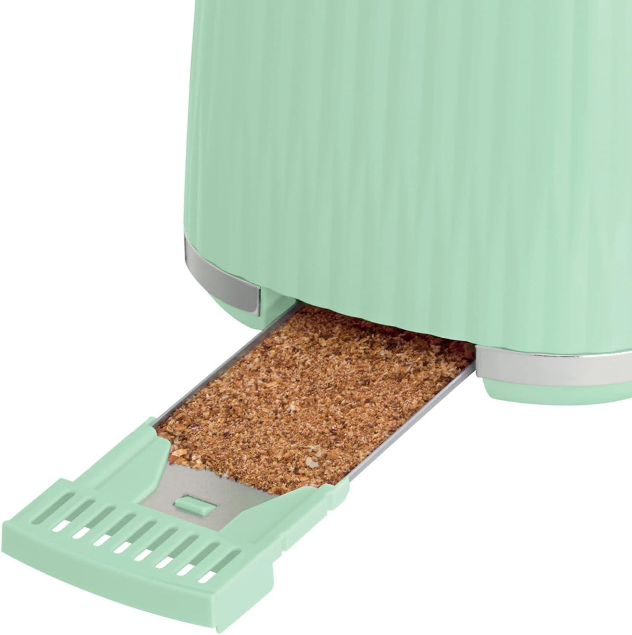 Mint green 2-slice toaster crumb tray slid out underneath the heating slots