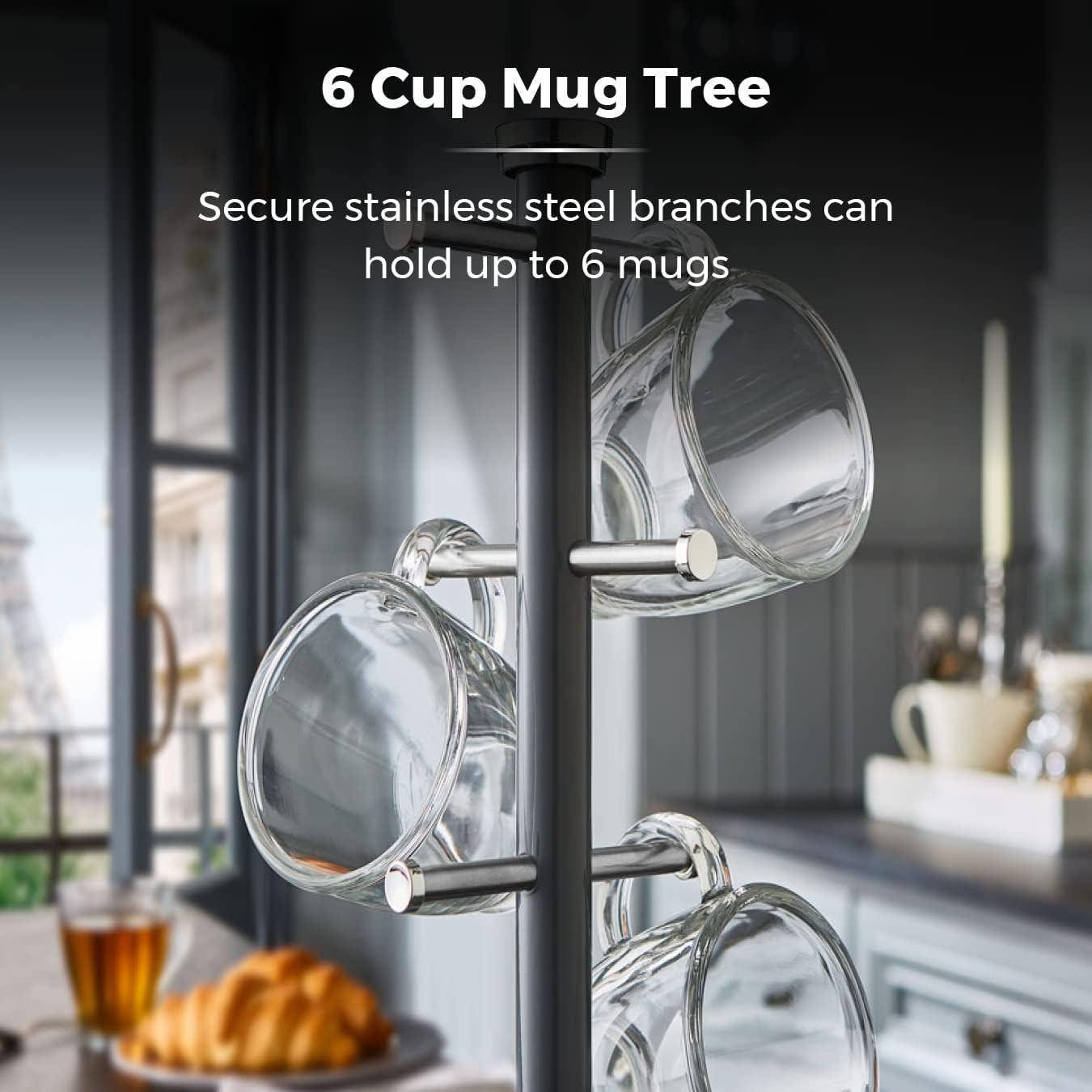 Graphite grey mug tree with six cup holders on towel pole