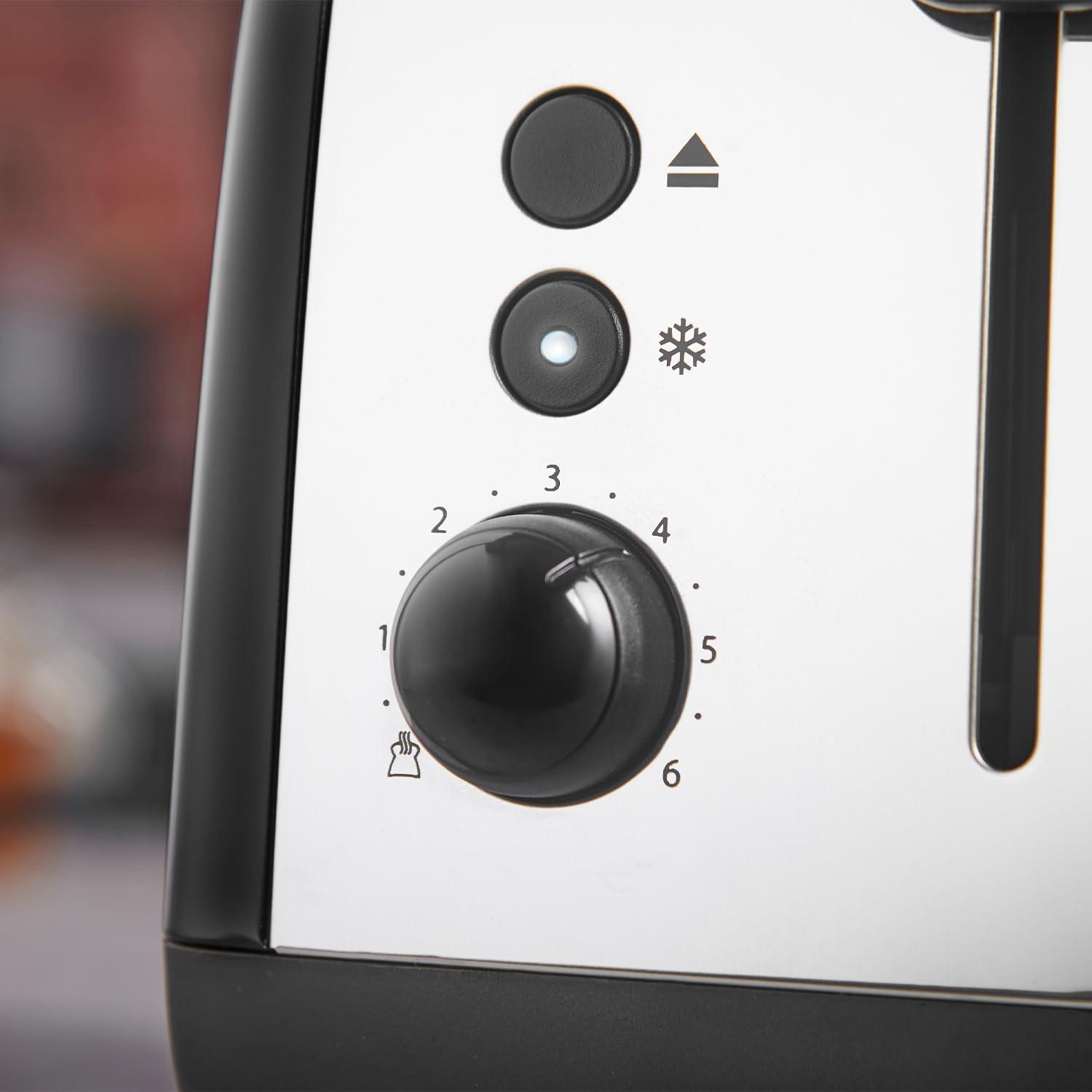 Toaster control dial and buttons on the white panel with icons