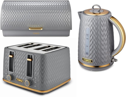 Tower Empire Kettle, 4 Slice Toaster & Bread Bin Kitchen Set (Grey)