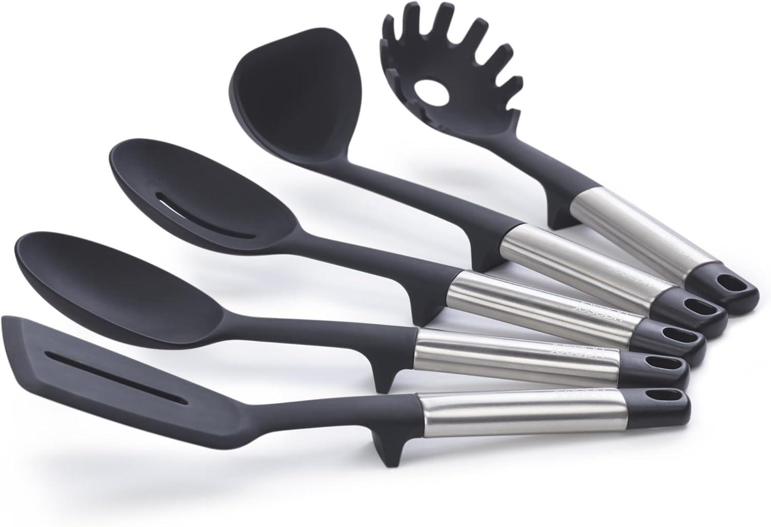 Set of black silicone cooking utensils with stainless handles