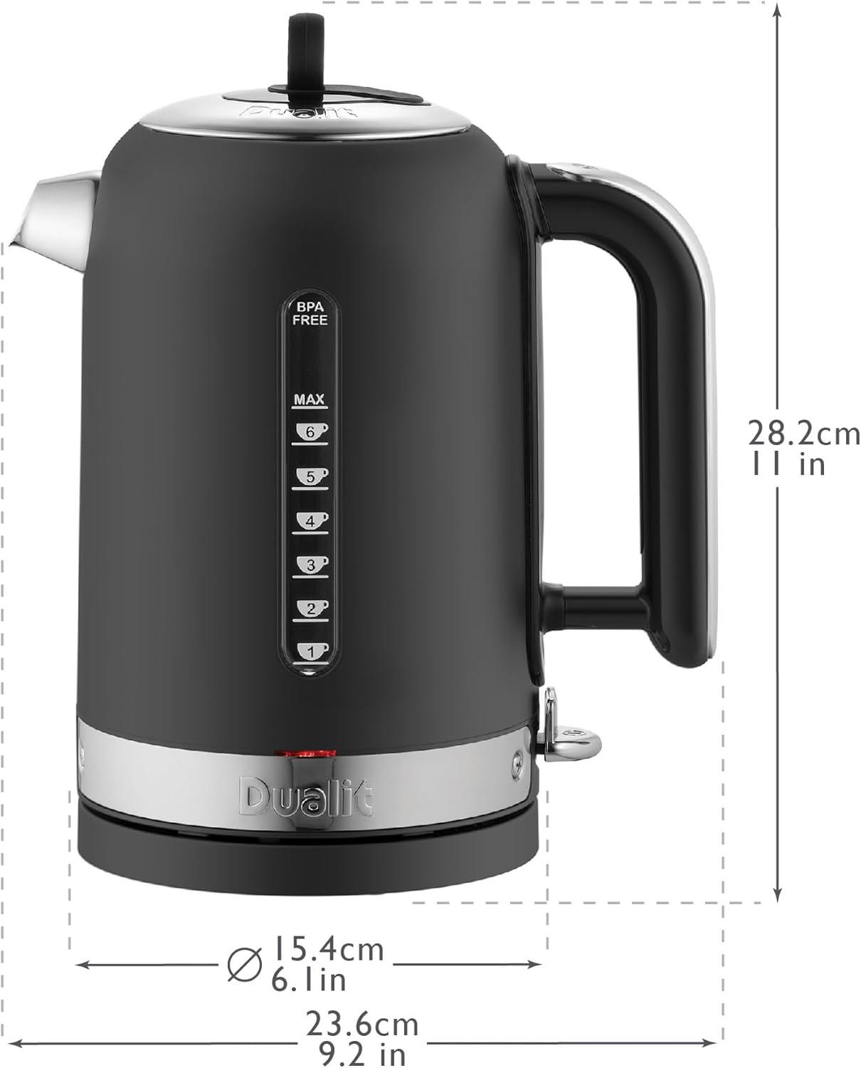 Matte black electric kettle with cup handle; product dimensions shown