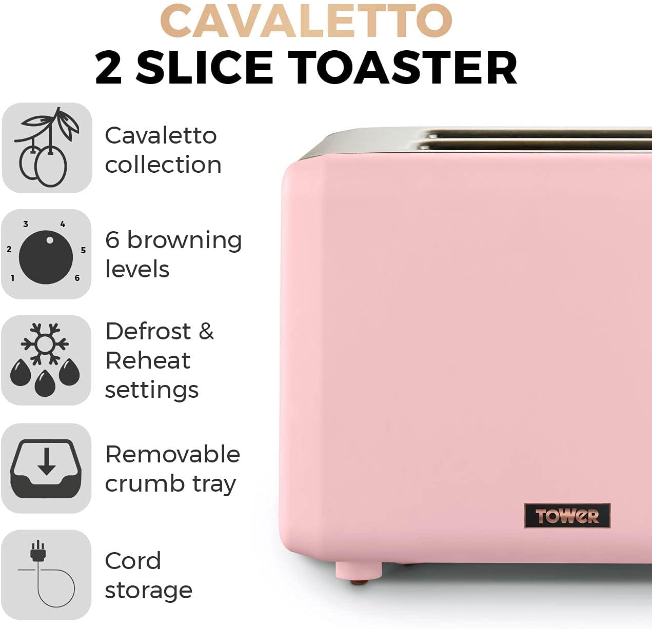 Tower Cavaletto 2 Slice Toaster Marshmallow Pink Rose Gold T20036PNK