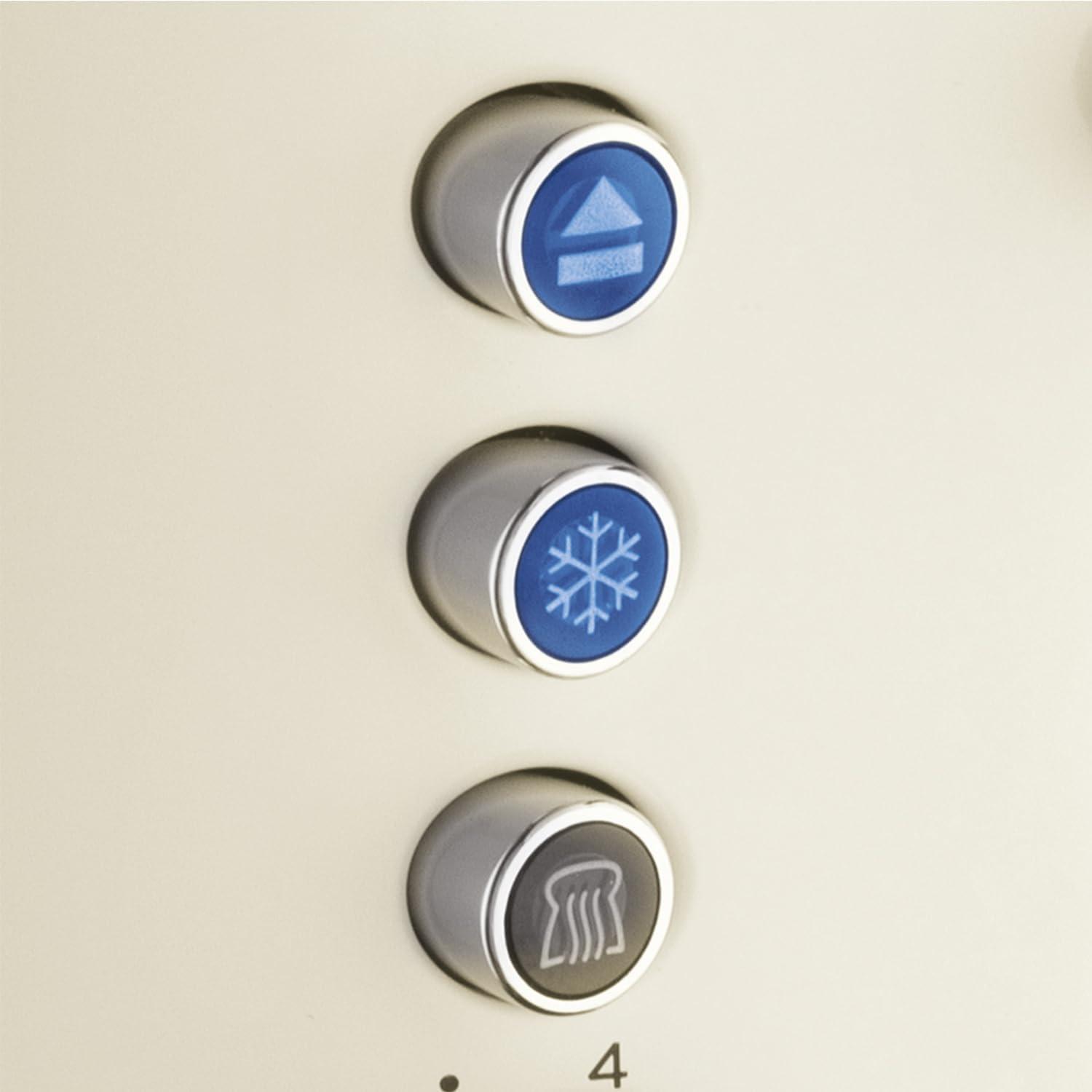 Cream toaster control buttons with blue icon indicators