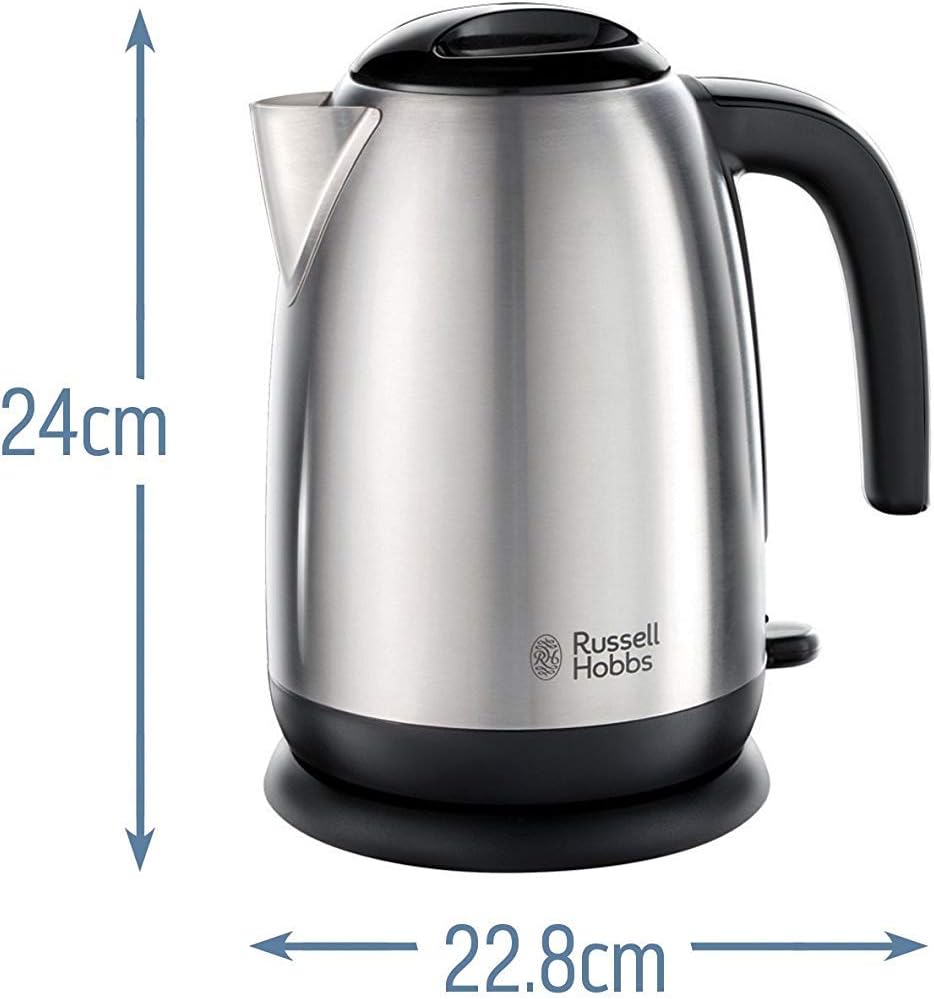 Russell Hobbs Stainless Steel & Black Electric 1.7L Cordless Kettle with black handle (Fast Boil 3KW, Removable washable anti-scale filter, Pull off lid, Perfect pour spout) 23911