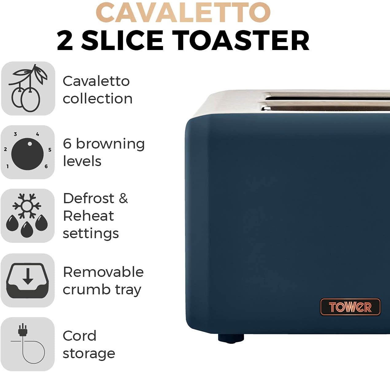 Tower Cavaletto 2 Slice Toaster T20036MNB (Midnight Blue)