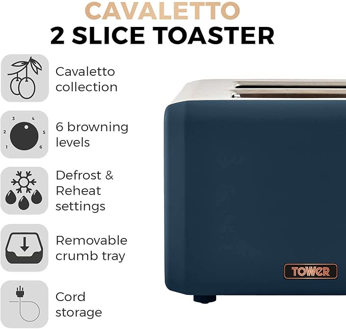 Tower Cavaletto Midnight Blue 8pc Kitchen Set Kettle 2 Slice Toaster Breadbin