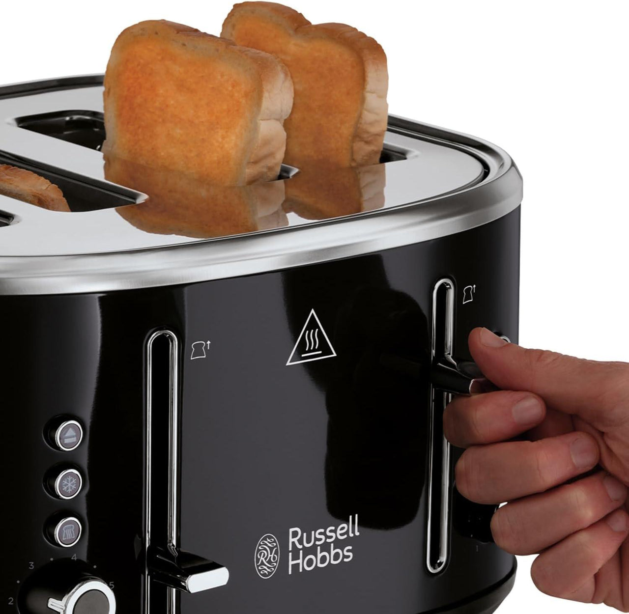 Black Russell Hobbs toaster with bread in slots and hand pulling the lever
