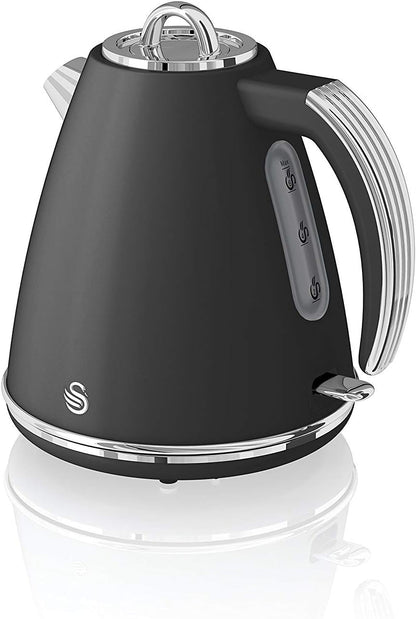 Swan Retro Kettle, 4 Slice Toaster, Bread Bin & Canisters Kitchen Set (Black)