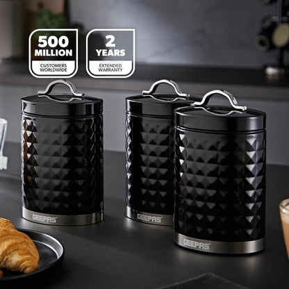 GEEPAS Argyle Tea, Coffee & Sugar Canisters Set GCS63085UK-BK (Black)