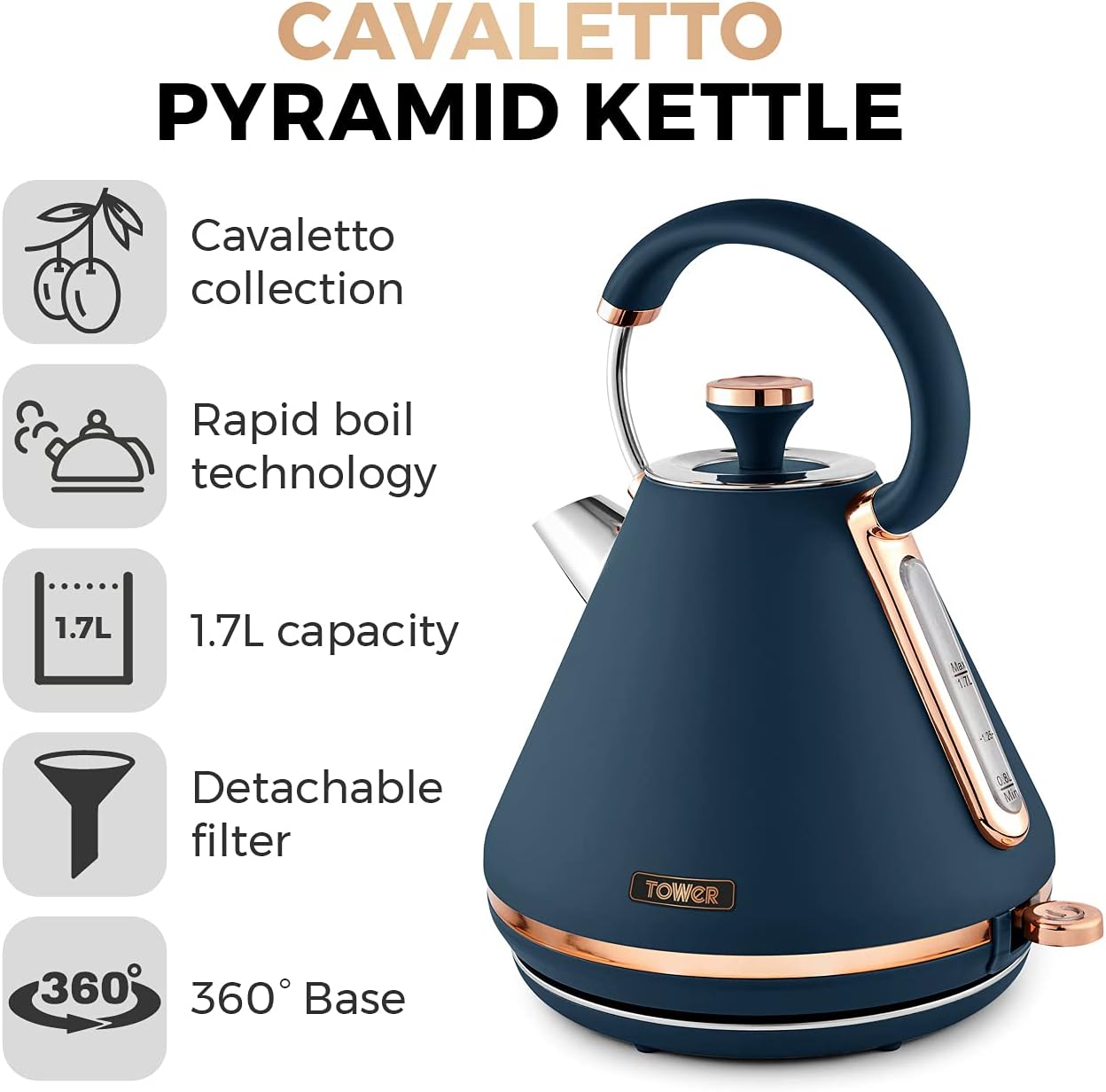 Tower Cavaletto Blue Pyramid Kettle Midnight Rose Gold T10044MNB