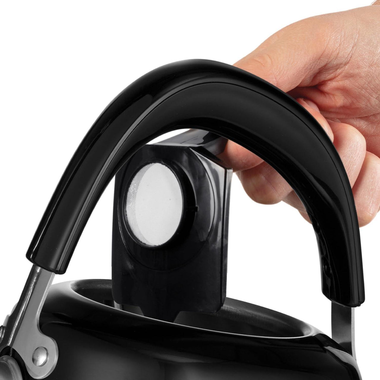 Black kettle spout with finger-held top handle and glossy lid surface