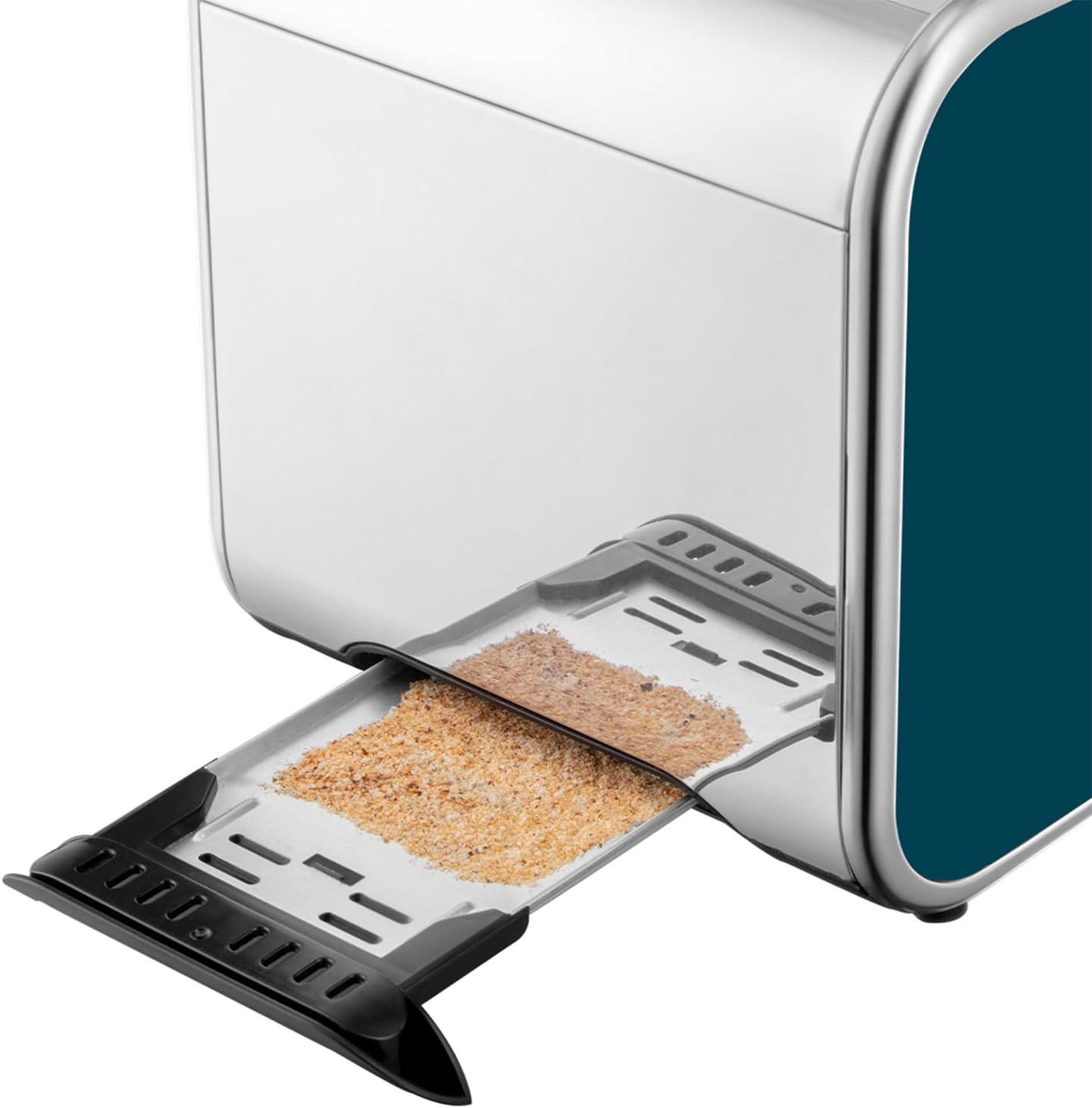 Ocean blue 2-slice toaster open with bread slots and visible crumb tray