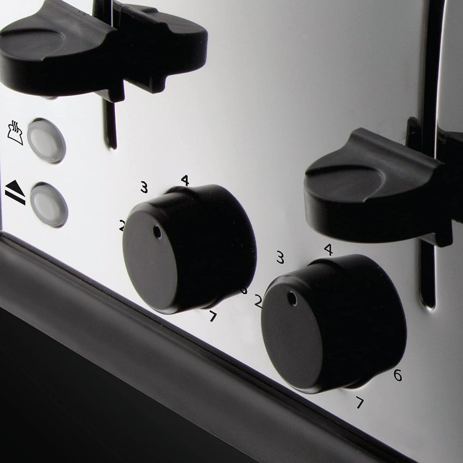Silver toaster control dials and black lever handles on the front panel