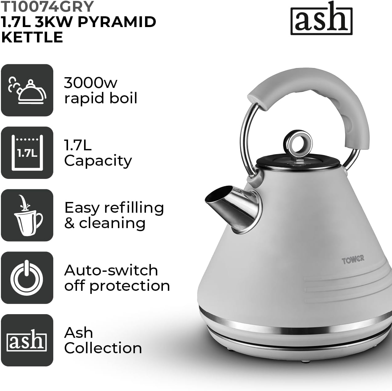 Tower Ash Pyramid Grey Kettle T10074GRY