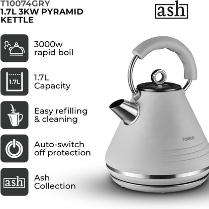 Tower Ash Grey Kettle & 2 Slice Toaster Set Kitchen Bundle