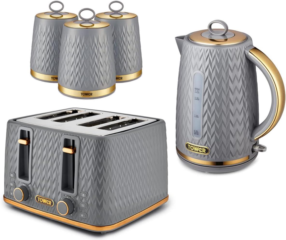 Tower Empire Kettle, 4 Slice Toaster & Canisters Kitchen Set (Grey)