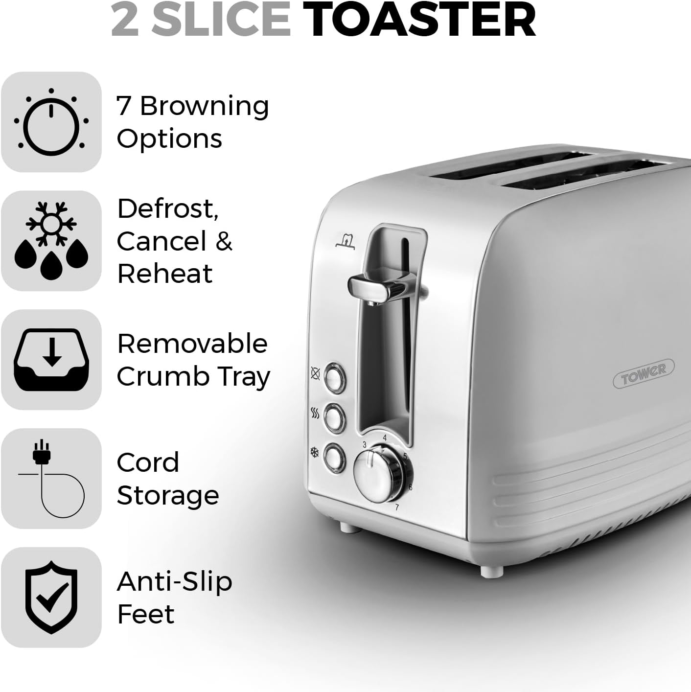 Tower Ash Grey 2 Slice Toaster 7 Browning Levels Chrome Accents T20080GRY