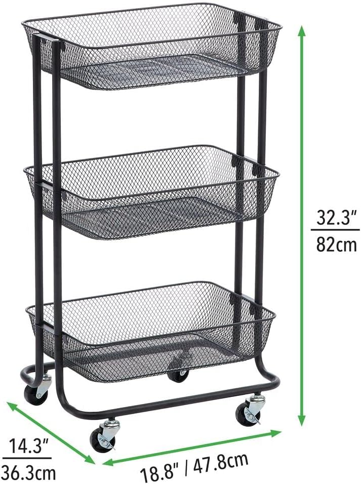 mDesign Rolling Utility Trolley – Compact Storage Shelf Unit with Wheels for The Whole Home – Practical Metal All-Purpose Shelving Trolley with 3 Tiers – Black