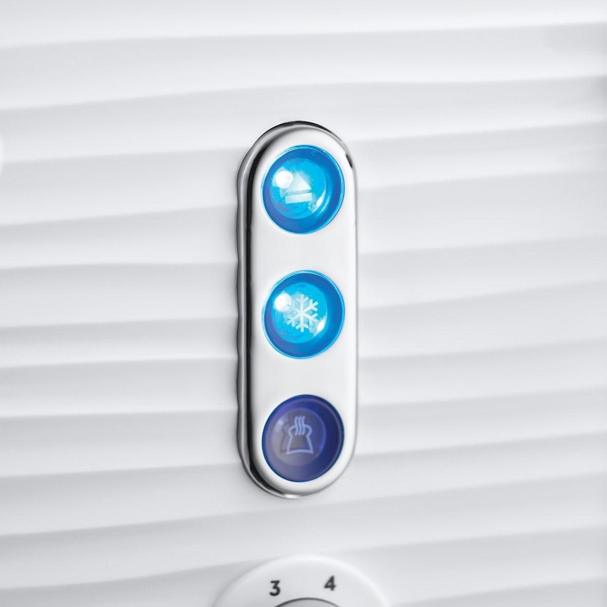 Close-up of blue illuminated control buttons on the white toaster