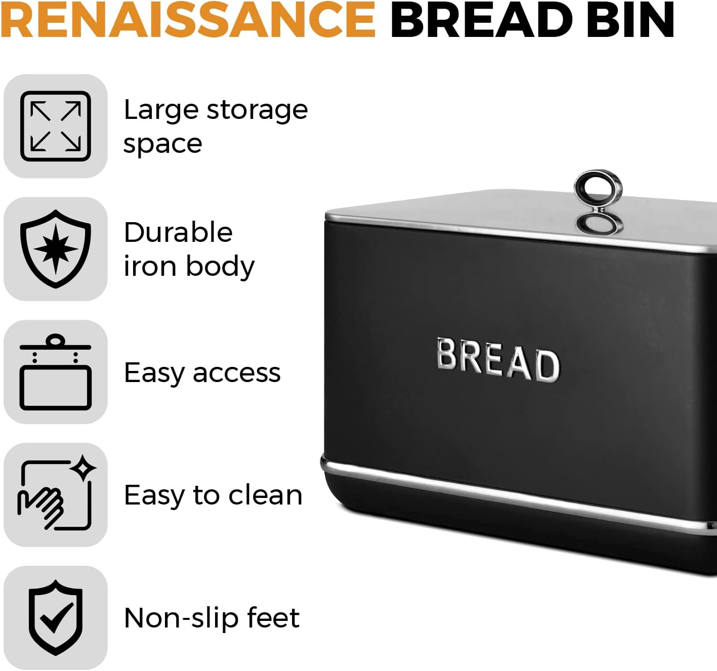 Tower Renaissance Bread Bin Pull Lid T826175BLK Black