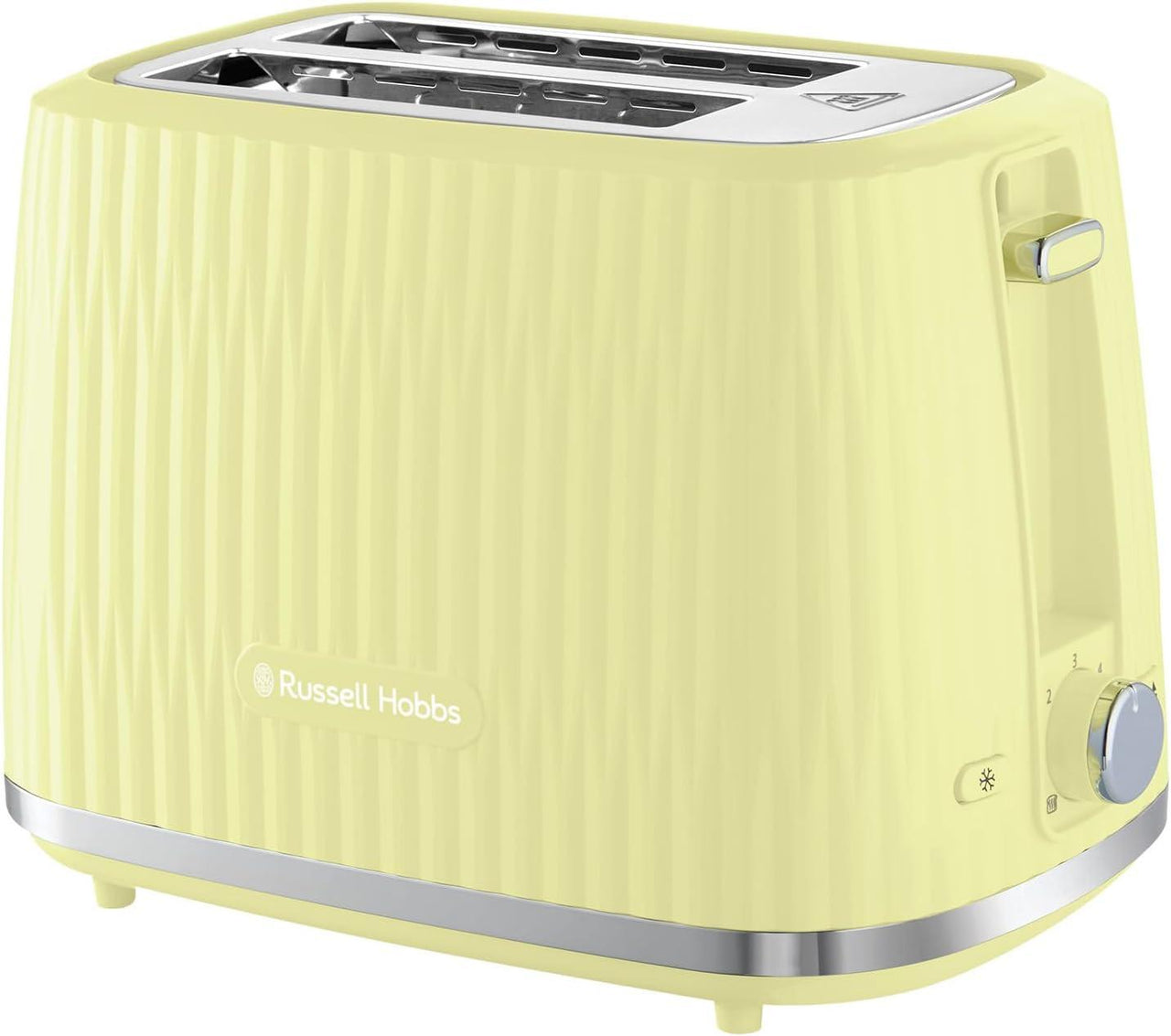 Lemon 2-slice toaster top view with open slots and metal heating elements