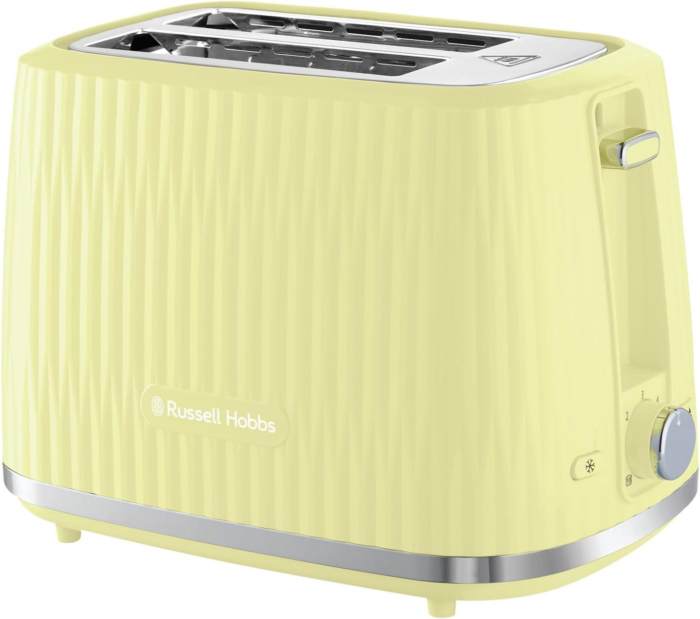 Lemon 2-slice toaster top view with open slots and metal heating elements