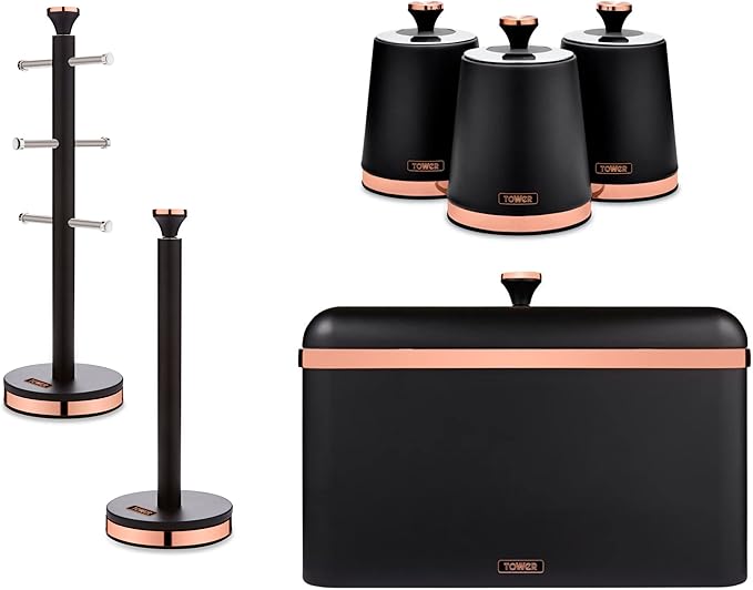 The Tower Cavaletto Black 6pc Kitchen Set including matching Bread Bin, Canisters, Mug Tree and Towel Pole