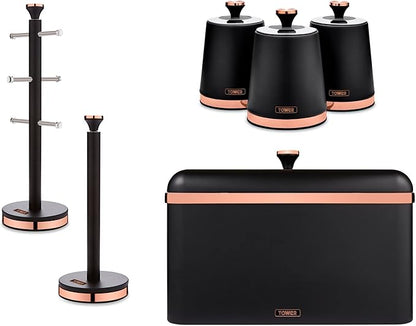 The Tower Cavaletto Black 6pc Kitchen Set including matching Bread Bin, Canisters, Mug Tree and Towel Pole