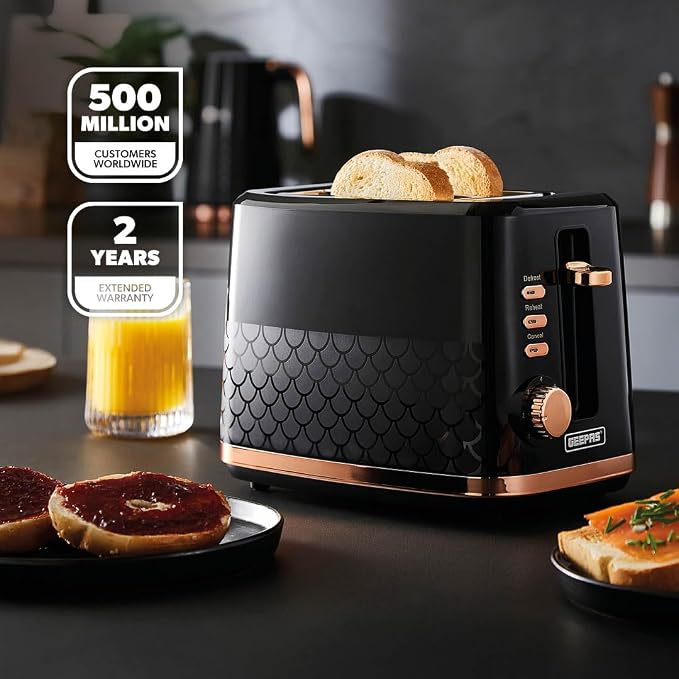 GEEPAS Aurora 2 Slice Toaster 870W GBT36568UK-BK (Black & Rose Gold)