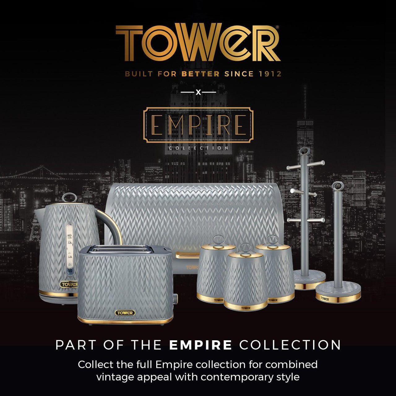 Grey tower-style mug and towel pole set with gold-trim round bases