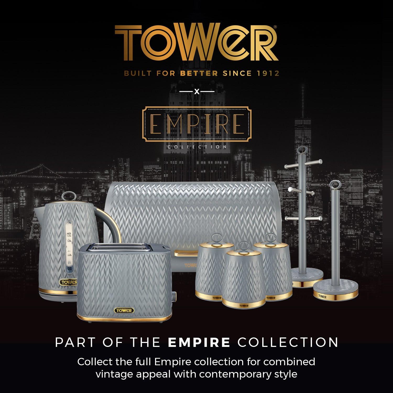 Grey tower-style mug and towel pole set with gold-trim round bases