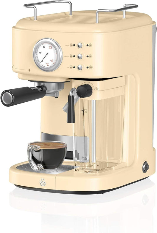 Swan SK22150CN Retro One Touch Coffee Machine with 500ml Milk Frother/Steam Tank, Steam Pressure Control, 1.7L Detachable Water Tank, 1200W, Retro Cream