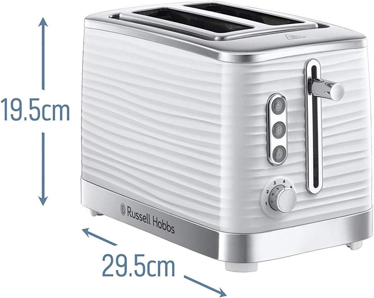 White 2-slice toaster with size measurements 19.5 cm and 29.5 cm shown