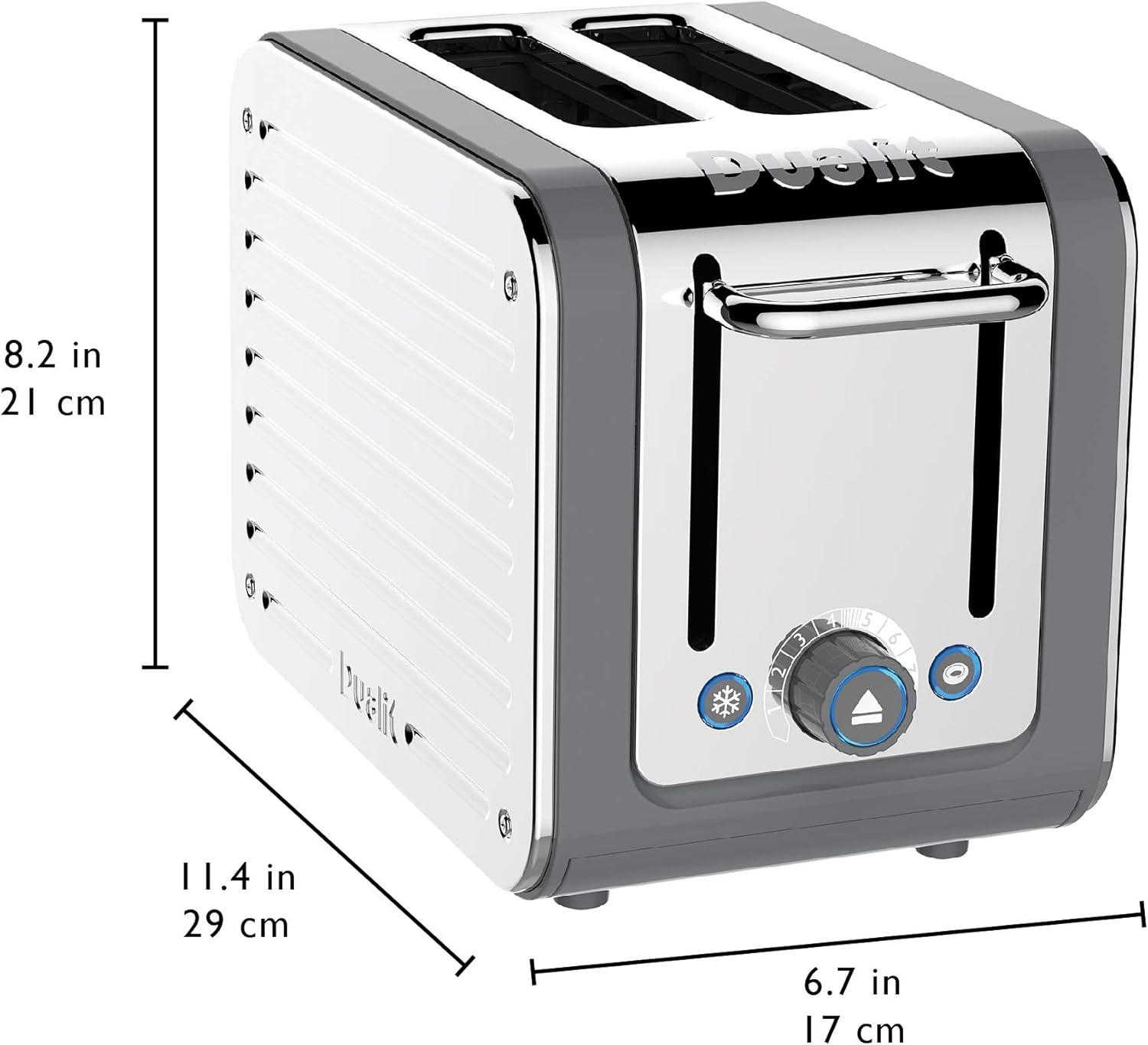 Grey Dualit Architect 2-slice toaster side view with control knobs and toast slots