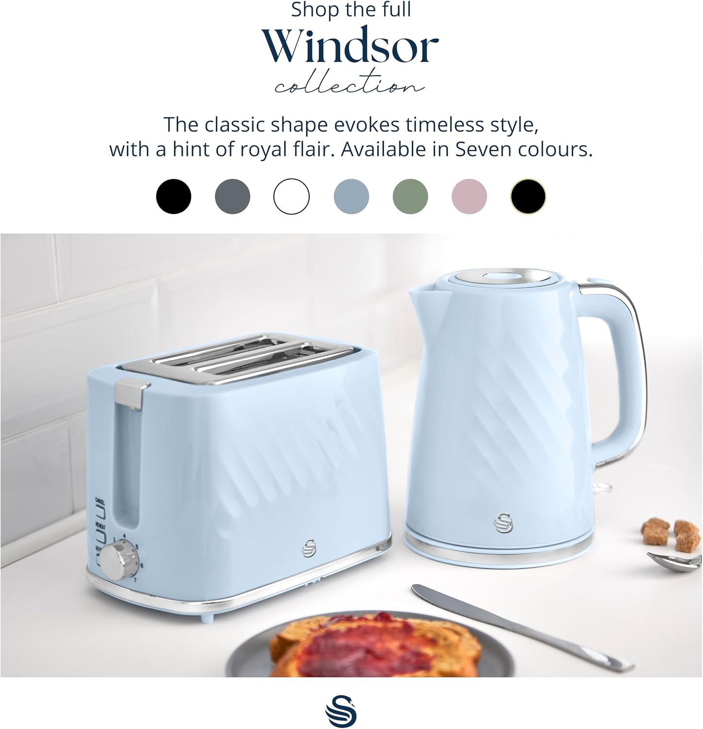 Swan Windsor Breakfast Essentials Bundle Kettle and Toaster Baby Blue EEJB431
