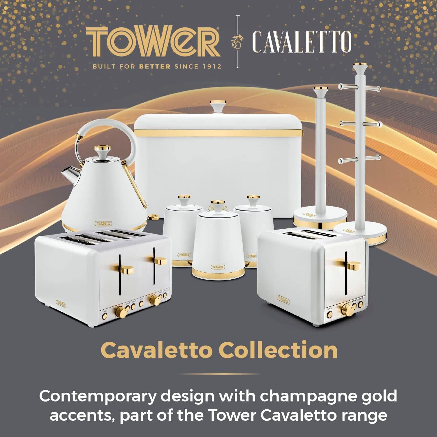 Tower Cavaletto collection setup with towel pole and mug tree set and gold accents