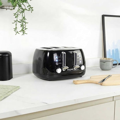 Salter Boston Kettle, 4 Slice Toaster, Bread Bin & Canisters Kitchen Set (Black)