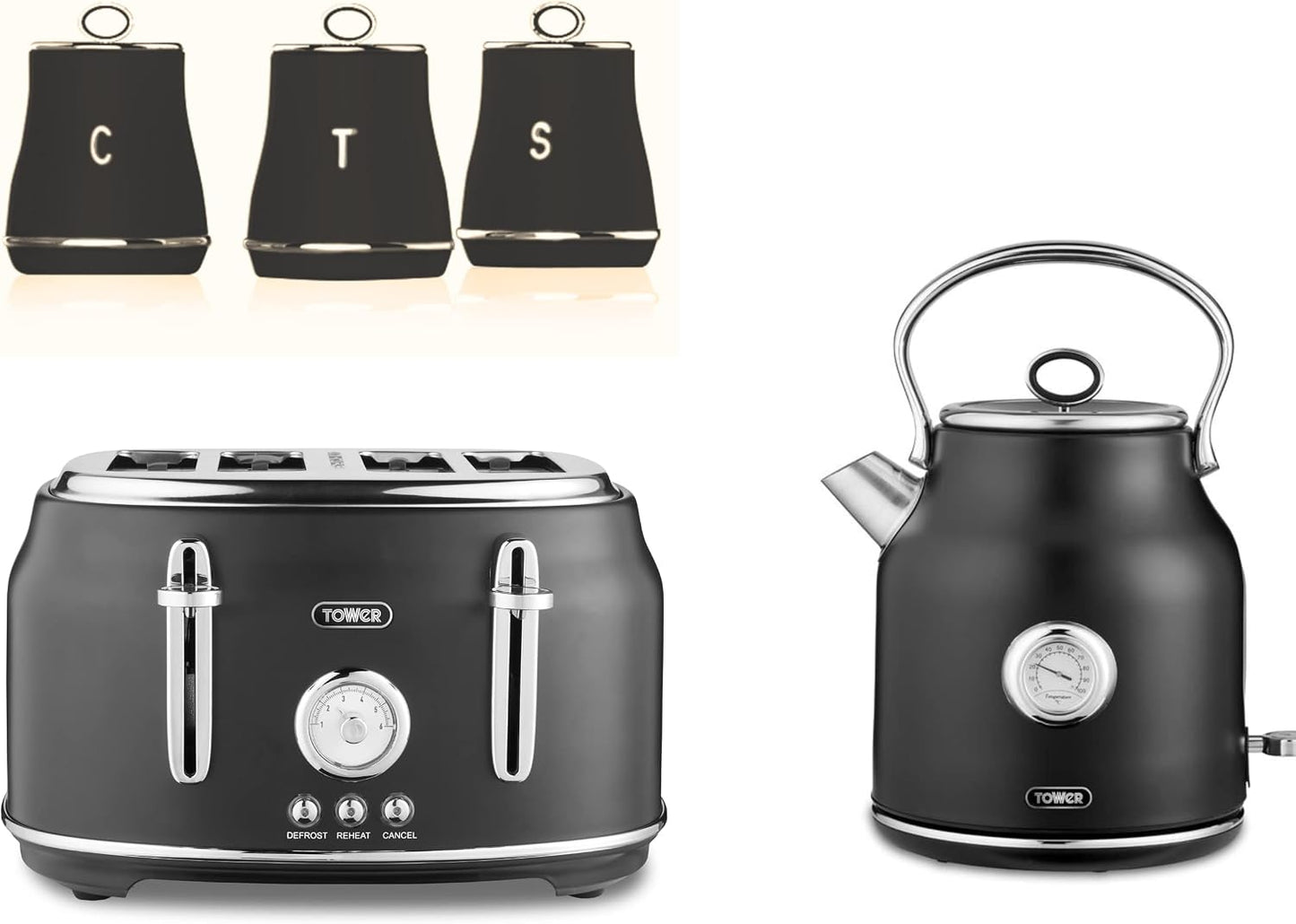 Tower Renaissance Kettle, 4 Slice Toaster, Bread Canisters Kitchen Set (Black)