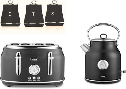 Tower Renaissance Kettle, 4 Slice Toaster, Bread Canisters Kitchen Set (Black)