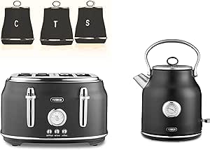 Tower Renaissance Kettle, 4 Slice Toaster & Canisters Kitchen Set (Black)