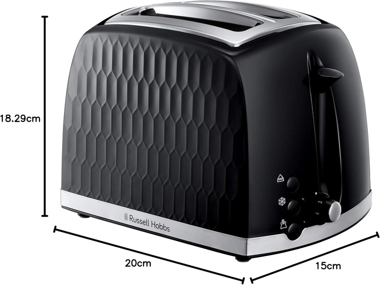 Black 2-slice toaster size diagram: 20cm W, 15cm D, 18.29cm H