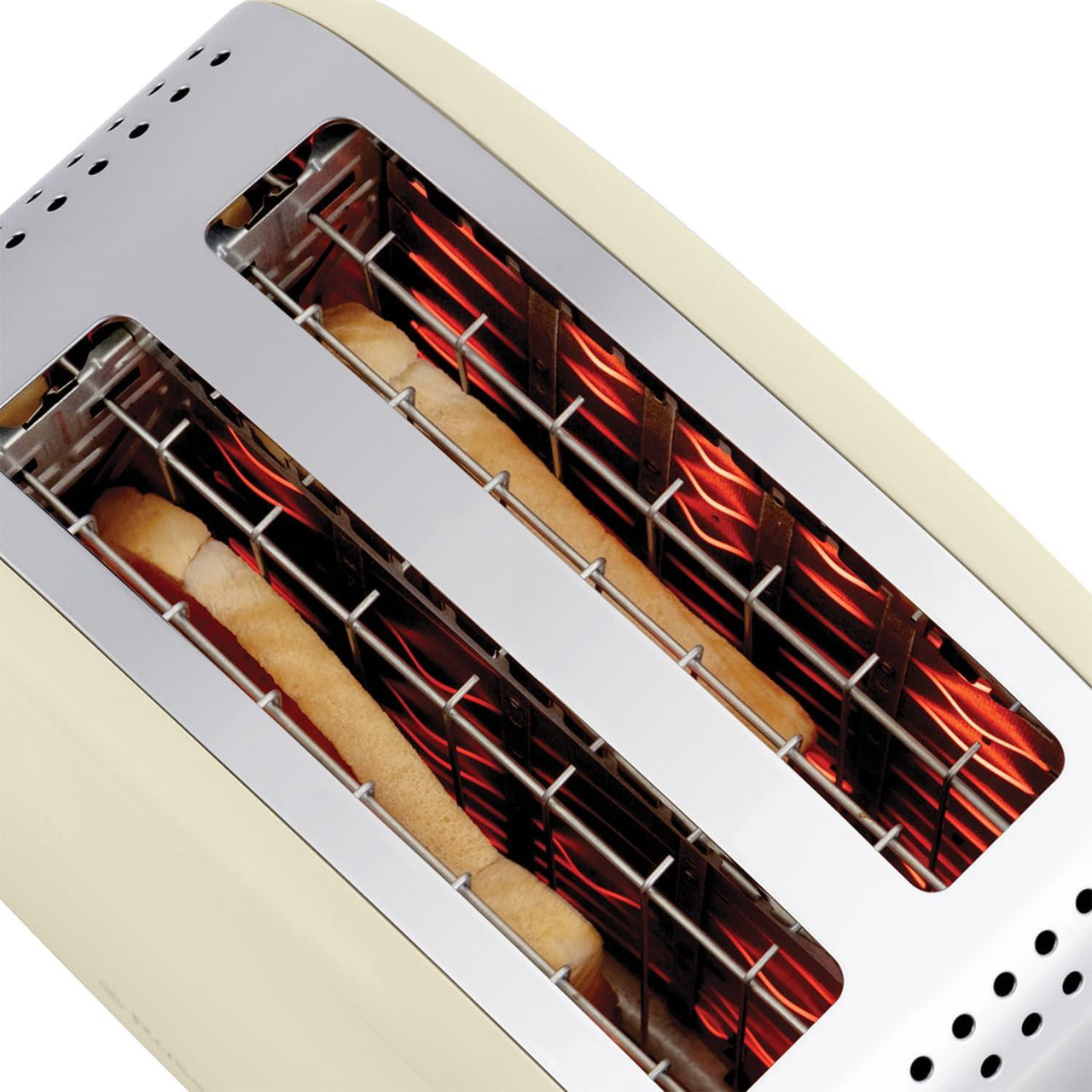 Jasmine cream toaster interior view with two slots and red heating elements.