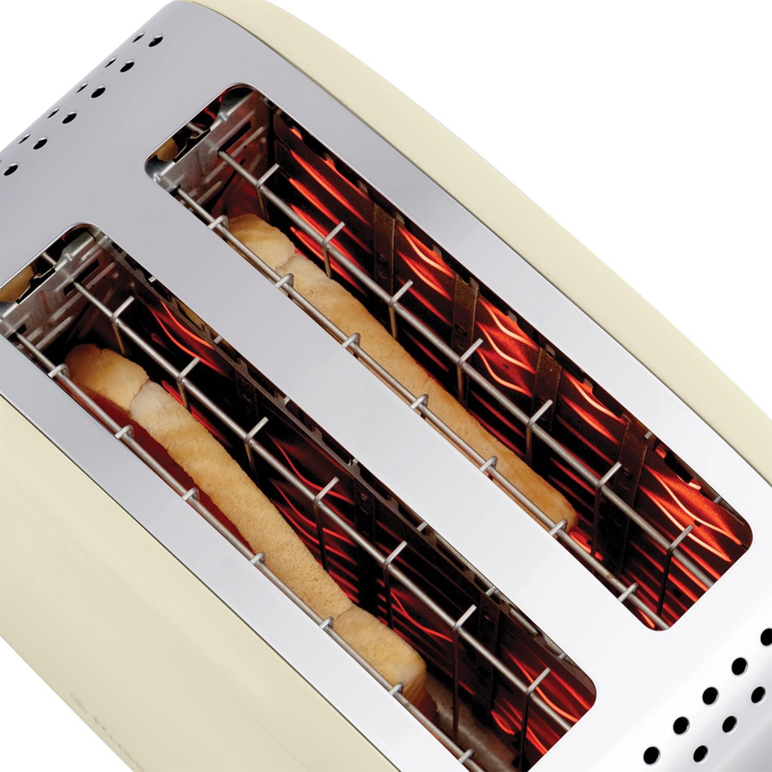 Jasmine cream toaster interior view with two slots and red heating elements.