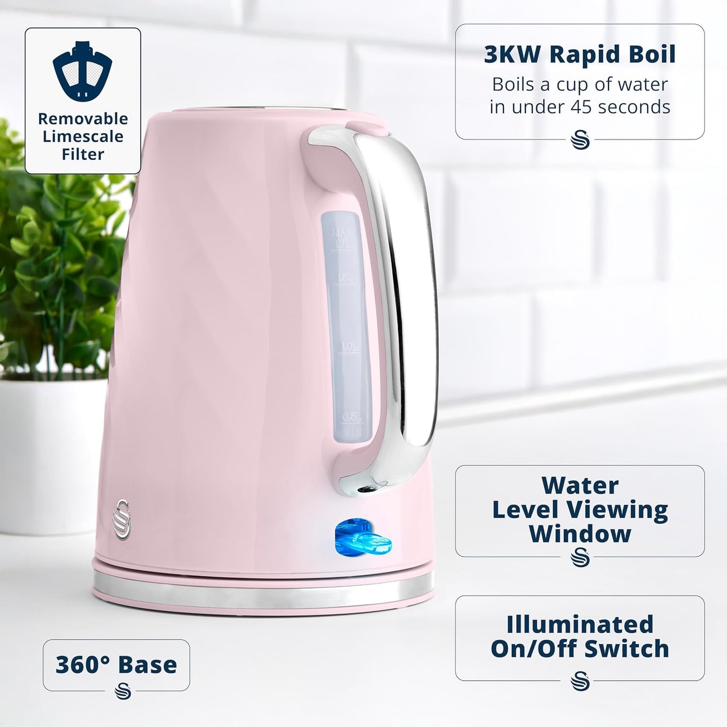 Swan Windsor Breakfast Essentials Bundle Kettle and Toaster Pink EEJB428