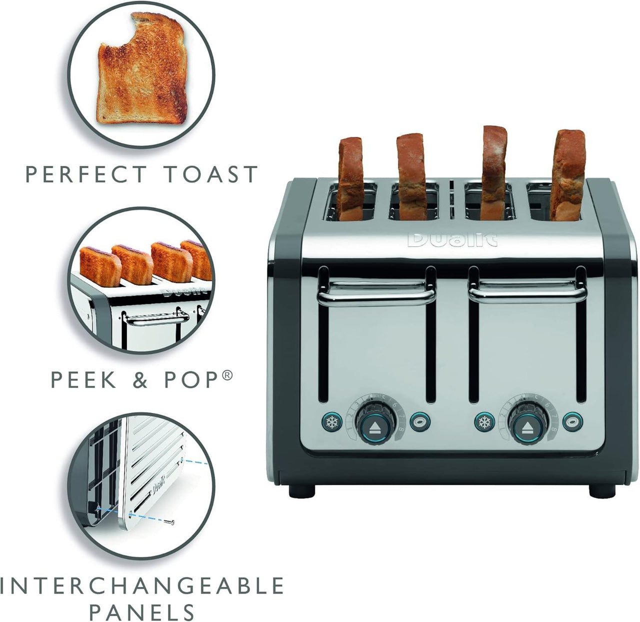 Grey Dualit 4-slice toaster front with chrome lever arms and control knobs